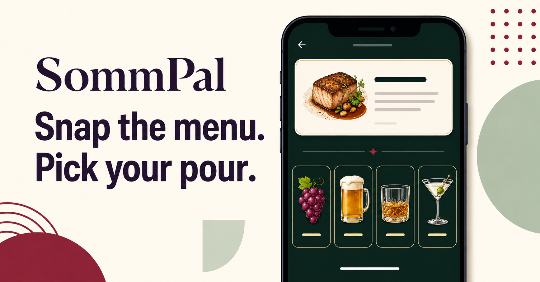 SommPal mobile preview showing a dish beside wine, beer, spirit, and cocktail choices